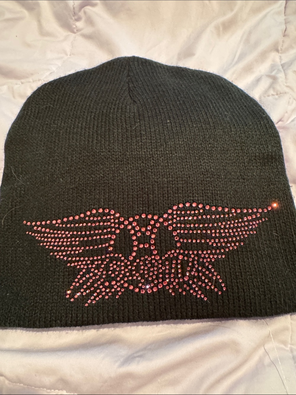 Black Acrylic Knit Beanie with Pink Rhinestone Aerosmith Logo